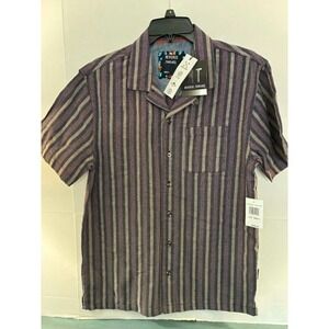 Reverse Threads Mens Small Brown Stripe Button Up Shirt Short Sleeve Casual